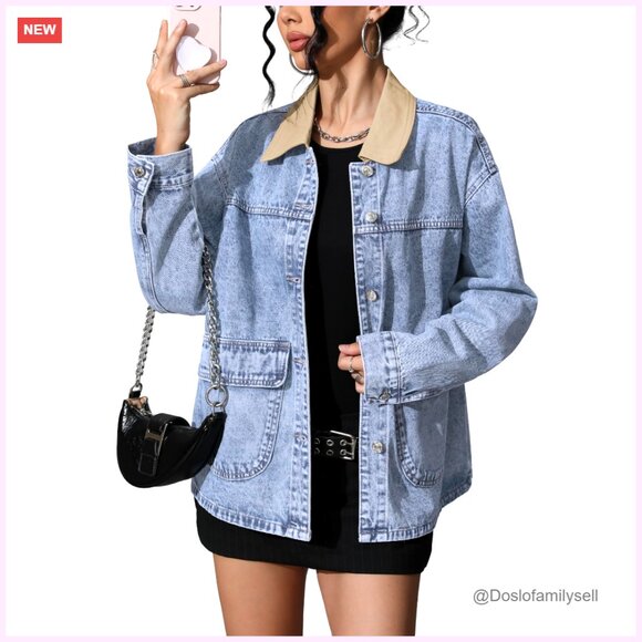Oversized Denim Jacket Women's Boyfriend Fit Contrast Collar Button Front